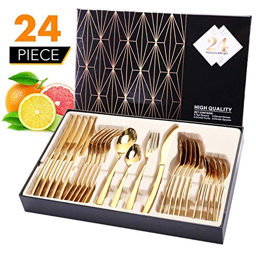 Gold Silverware Set, Elegant Life 24Piece Stainless Steel Flatware