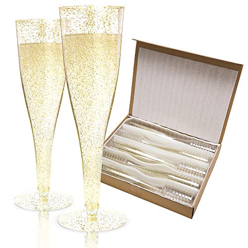 Plastic Champagne Flutes Disposable 100 Pack Gold Glitter Plastic