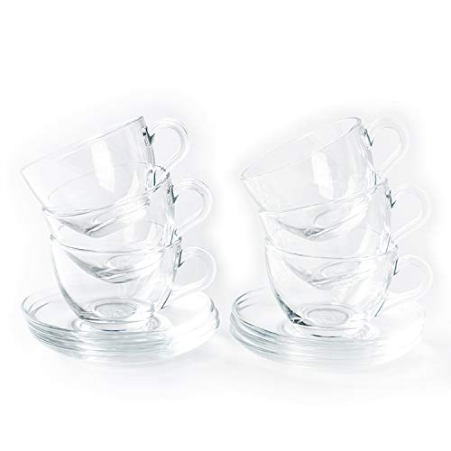 Tosnail 6 Pack 7Ounce Glass Tea Cups and Saucers Sets Glass Coffee Mugs